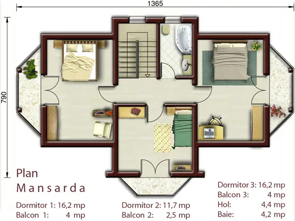 case mici cu trei dormitoare 3 plan etaj
