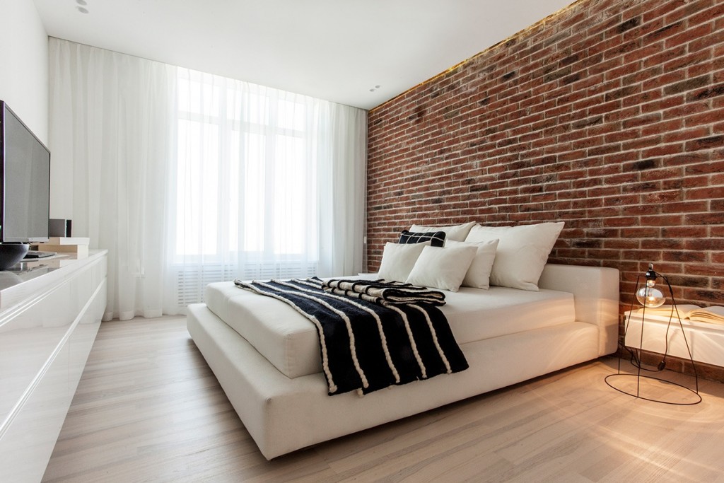 Dormitoare cu pereti din caramida elegante